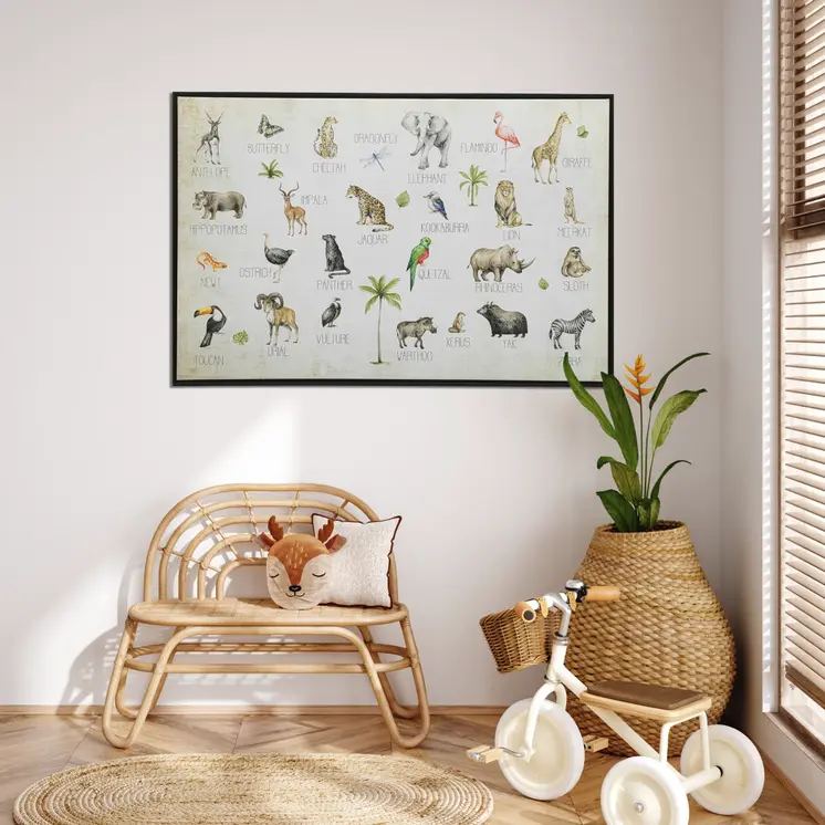 Jungle Animals Alphabet Black Floater Frame Wall Art