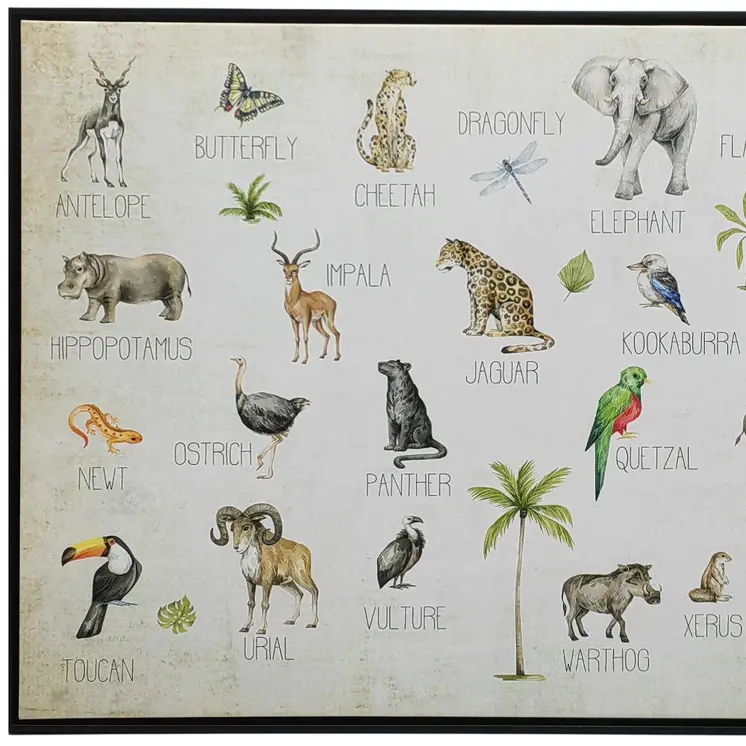 Jungle Animals Alphabet Black Floater Frame Wall Art