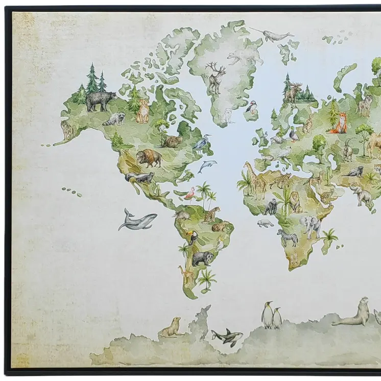 Animal World Map Black Floater Frame Print Wall Art