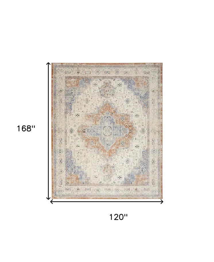 10' X 14' Beige And Blue Floral Indoor Outdoor Area Rug