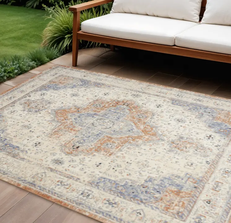 10' X 14' Beige And Blue Floral Indoor Outdoor Area Rug
