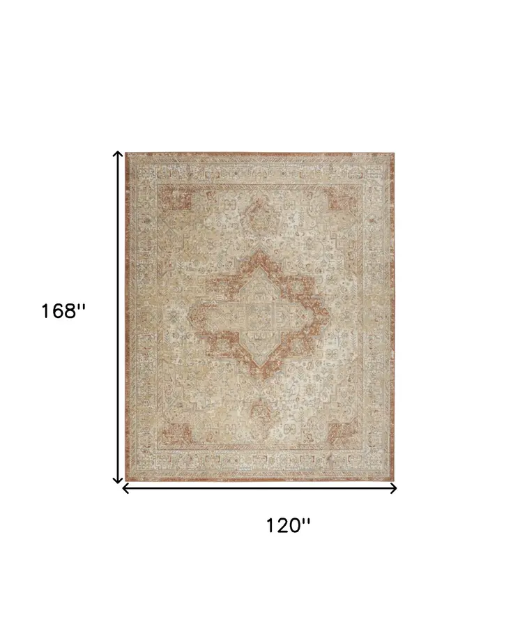 10' X 14' Beige And Rust Floral Indoor Outdoor Area Rug