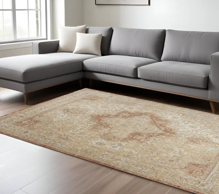 10' X 14' Beige And Rust Floral Indoor Outdoor Area Rug