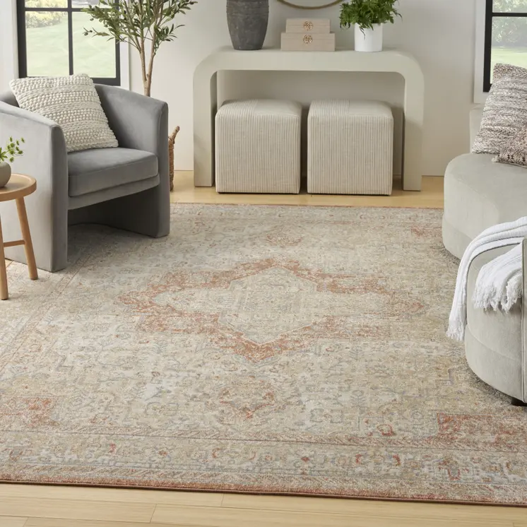 10' X 14' Beige And Rust Floral Indoor Outdoor Area Rug