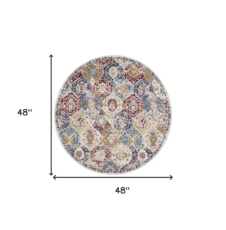 4' Ivory Red and Blue Ogee Distressed Round Rug