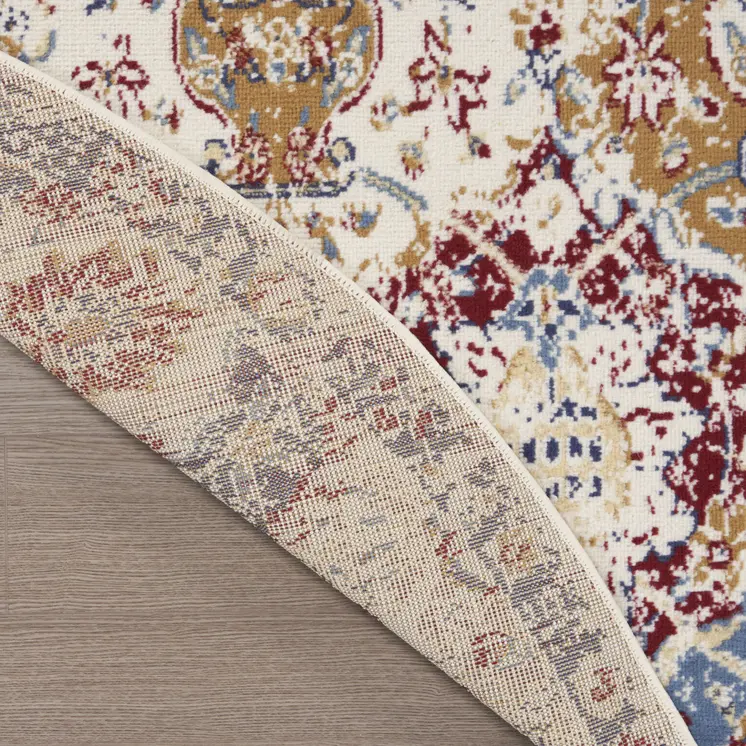 4' Ivory Red and Blue Ogee Distressed Round Rug