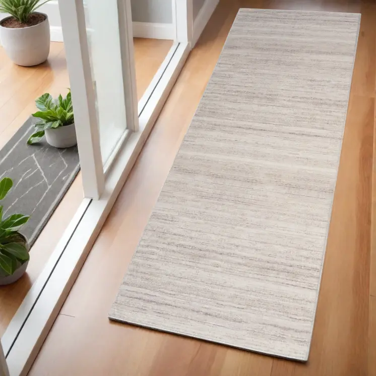 6' Ivory and Light Brown Abstract Washable Runner Rug