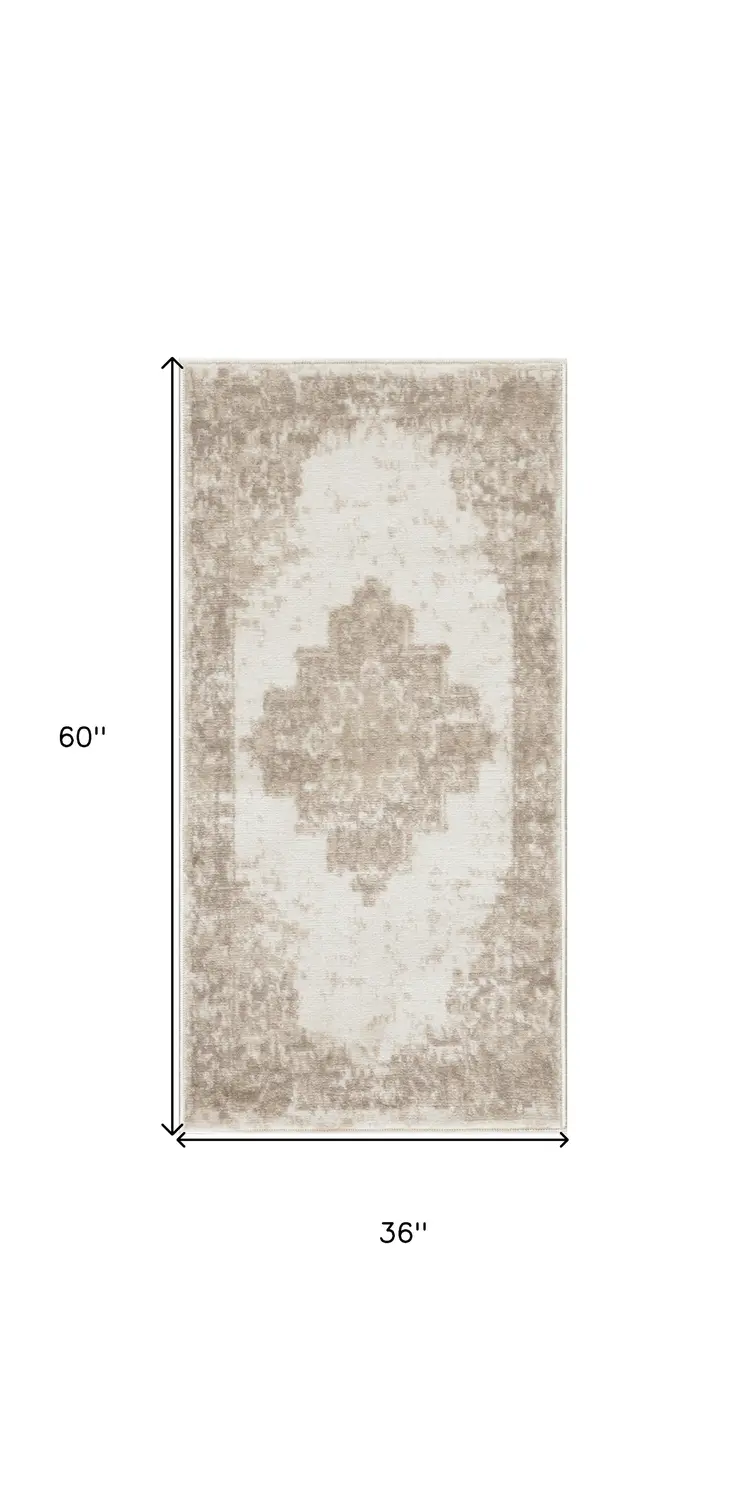 3' X 5' Ivory Floral Power Loom Worn Faded Area Rug