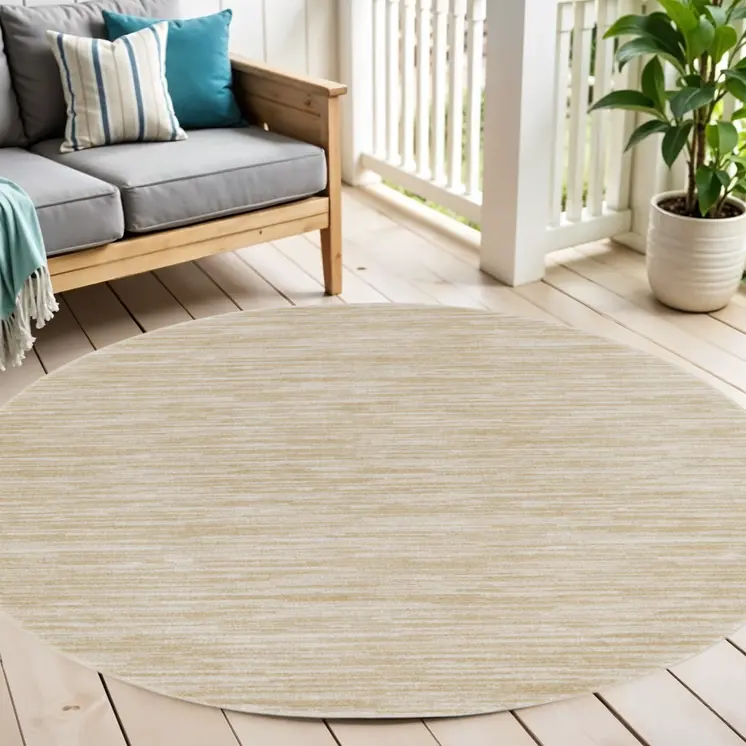 4' Ivory And Gold Round Abstract Indoor Outdoor Area Rug