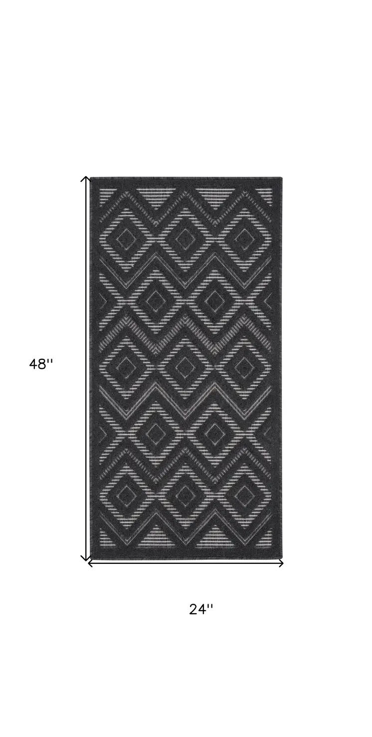 2' X 4' Charcoal And Black Geometric Indoor Outdoor Area Rug