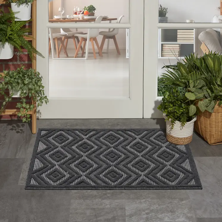 2' X 4' Charcoal And Black Geometric Indoor Outdoor Area Rug