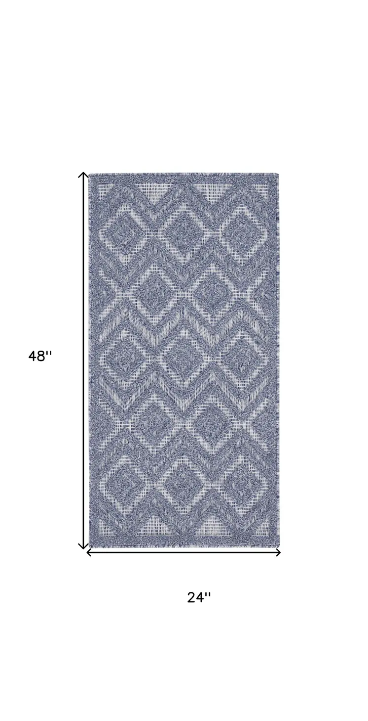 2' X 4' Denim Blue And Ivory Geometric Indoor Outdoor Area Rug