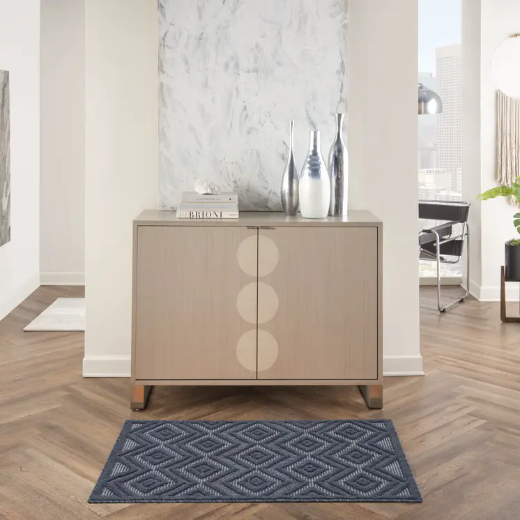 2' X 4' Navy Blue And Ivory Geometric Indoor Outdoor Area Rug