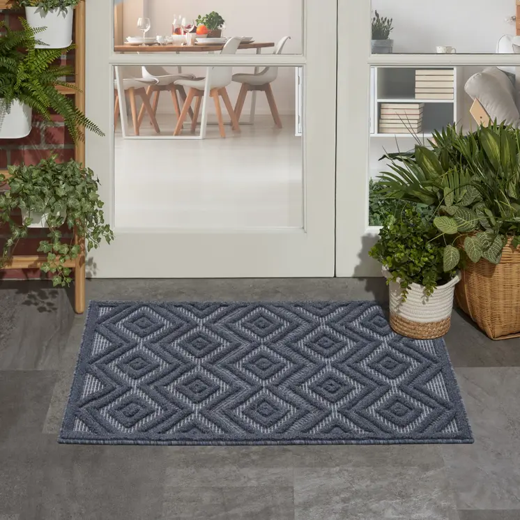 2' X 4' Navy Blue And Ivory Geometric Indoor Outdoor Area Rug