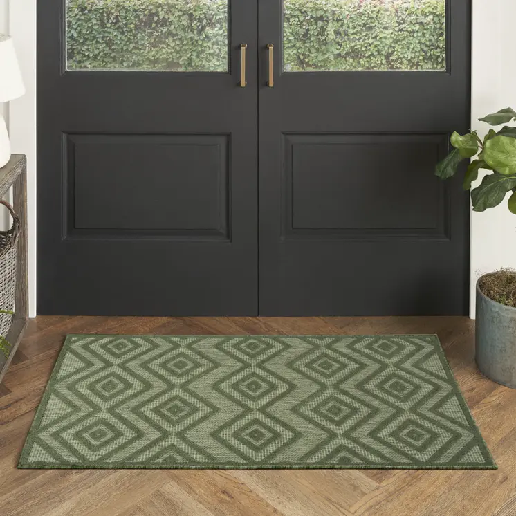 2' X 4' Dark Green And Light Green Geometric Indoor Outdoor Area Rug