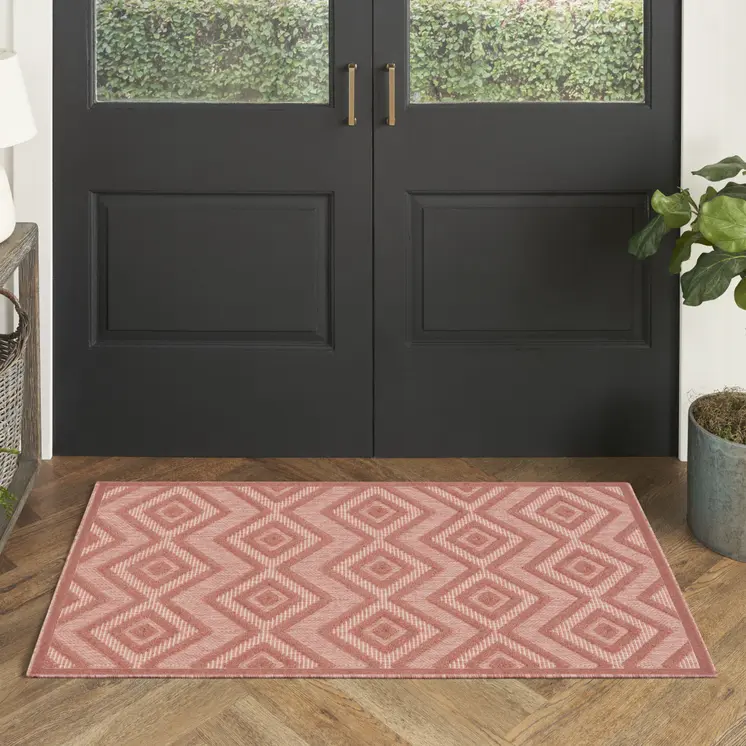 2' X 4' Coral And Orange Geometric Indoor Outdoor Area Rug