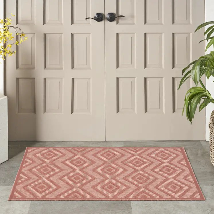 2' X 4' Coral And Orange Geometric Indoor Outdoor Area Rug