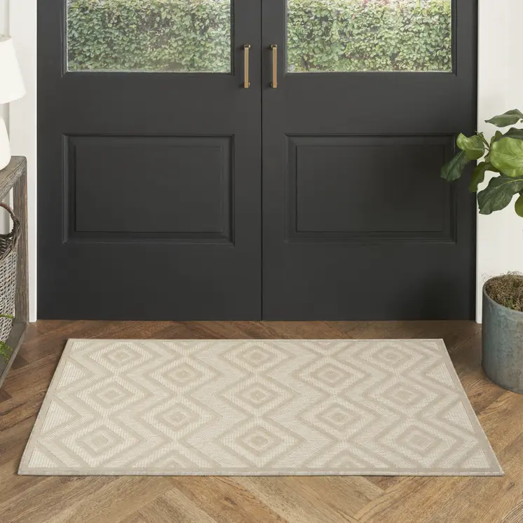 2' X 4' Cream And Beige Geometric Indoor Outdoor Area Rug