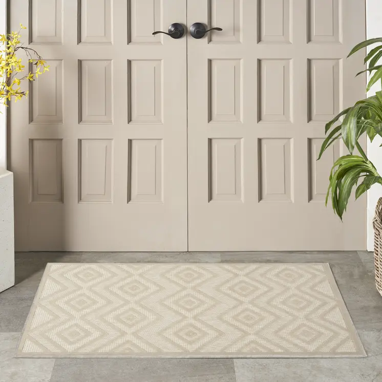 2' X 4' Cream And Beige Geometric Indoor Outdoor Area Rug