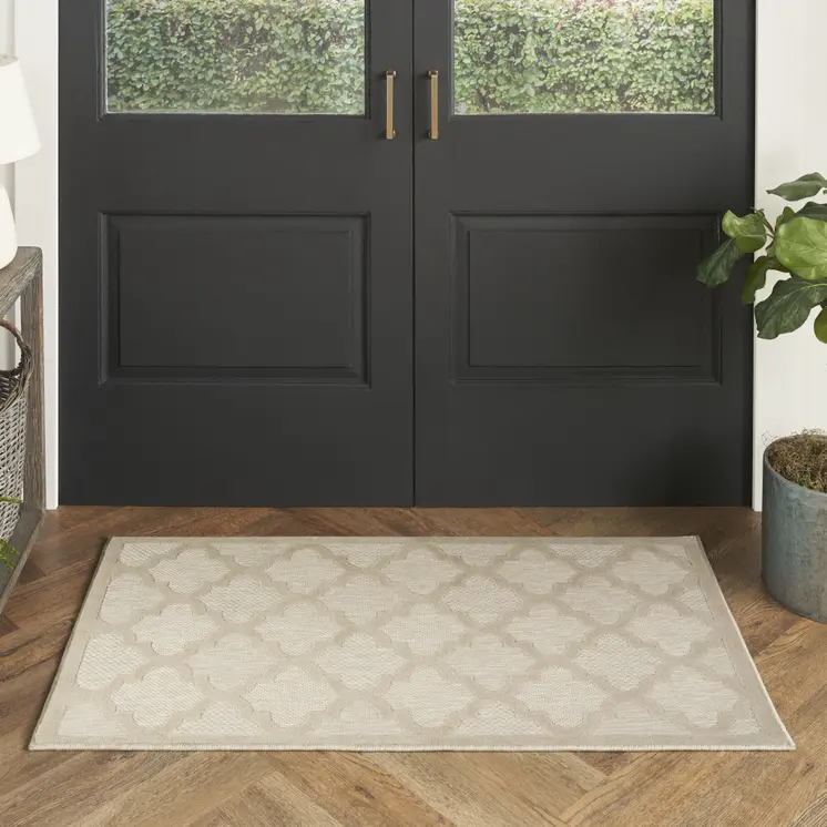 2' X 4' Cream And Beige Geometric Indoor Outdoor Area Rug