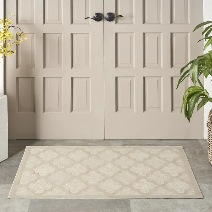 2' X 4' Cream And Beige Geometric Indoor Outdoor Area Rug