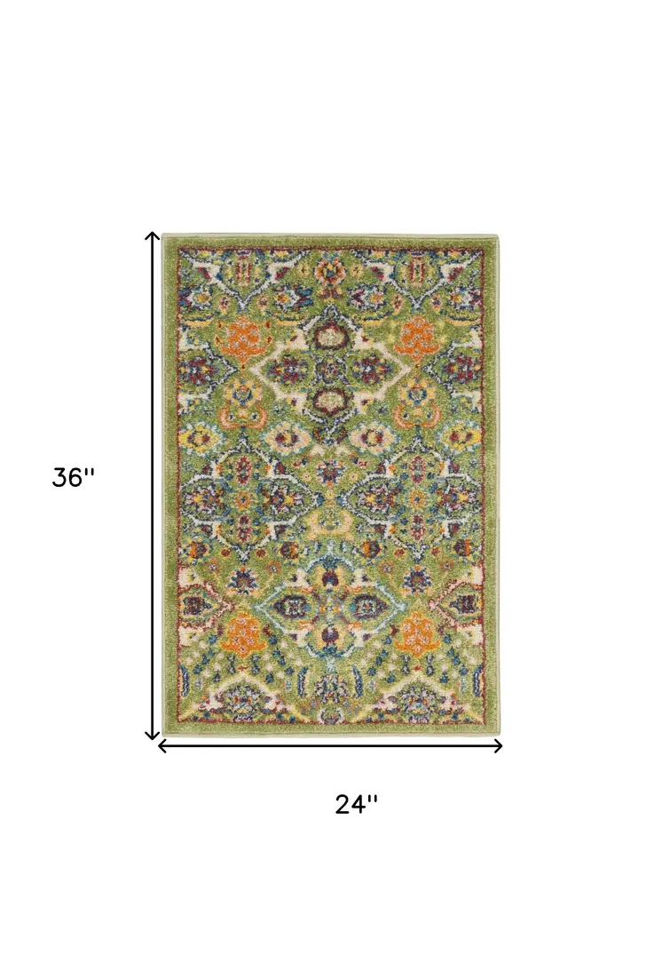 2' X 3' Green Floral Power Loom Area Rug