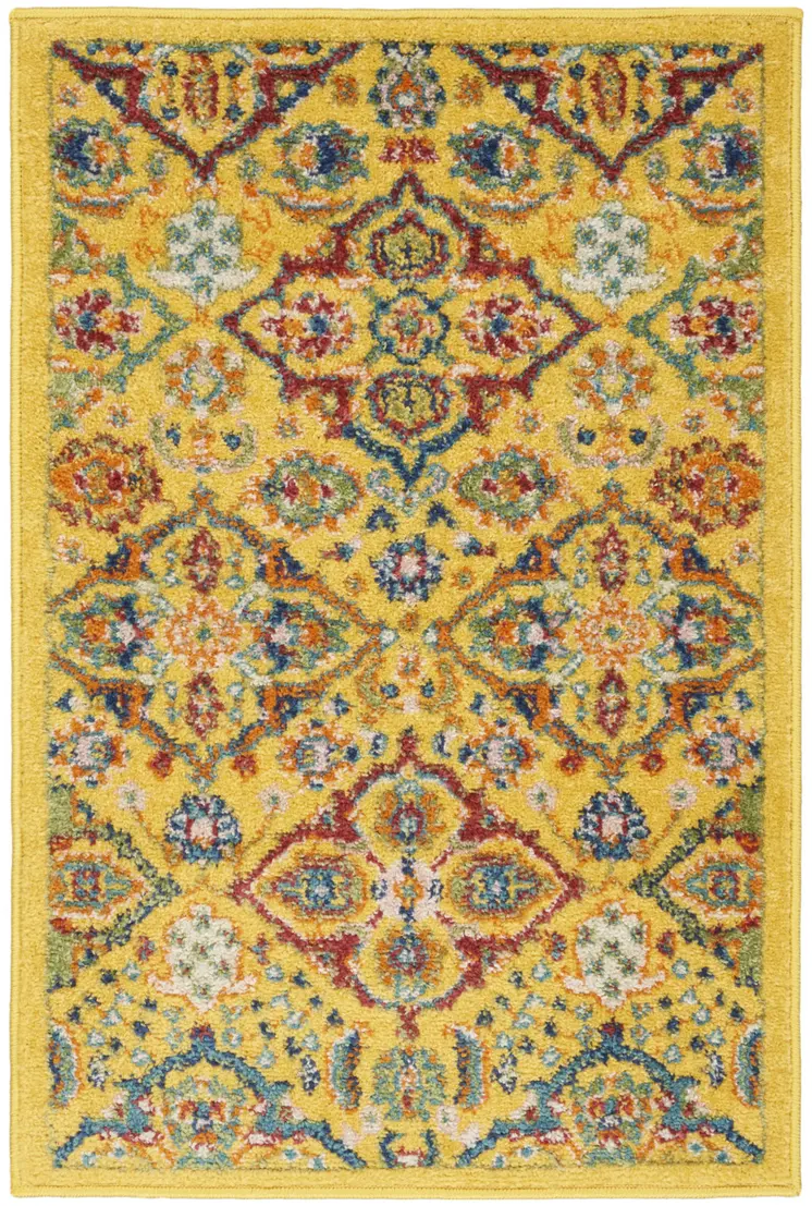 2' X 3' Yellow Floral Power Loom Area Rug