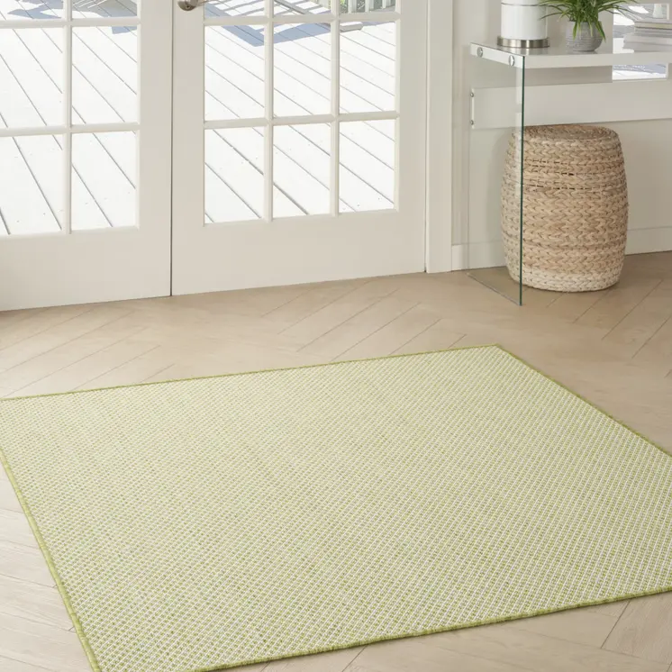 4' Ivory And Green Square Geometric Indoor Outdoor Area Rug