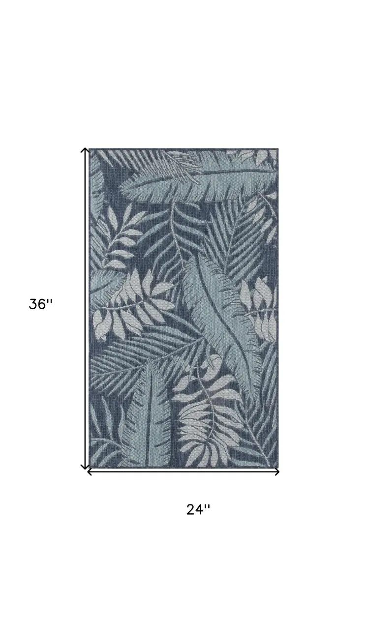 2' X 3' Navy Blue Sky Blue And Ivory Palm Leaf Indoor Outdoor Area Rug