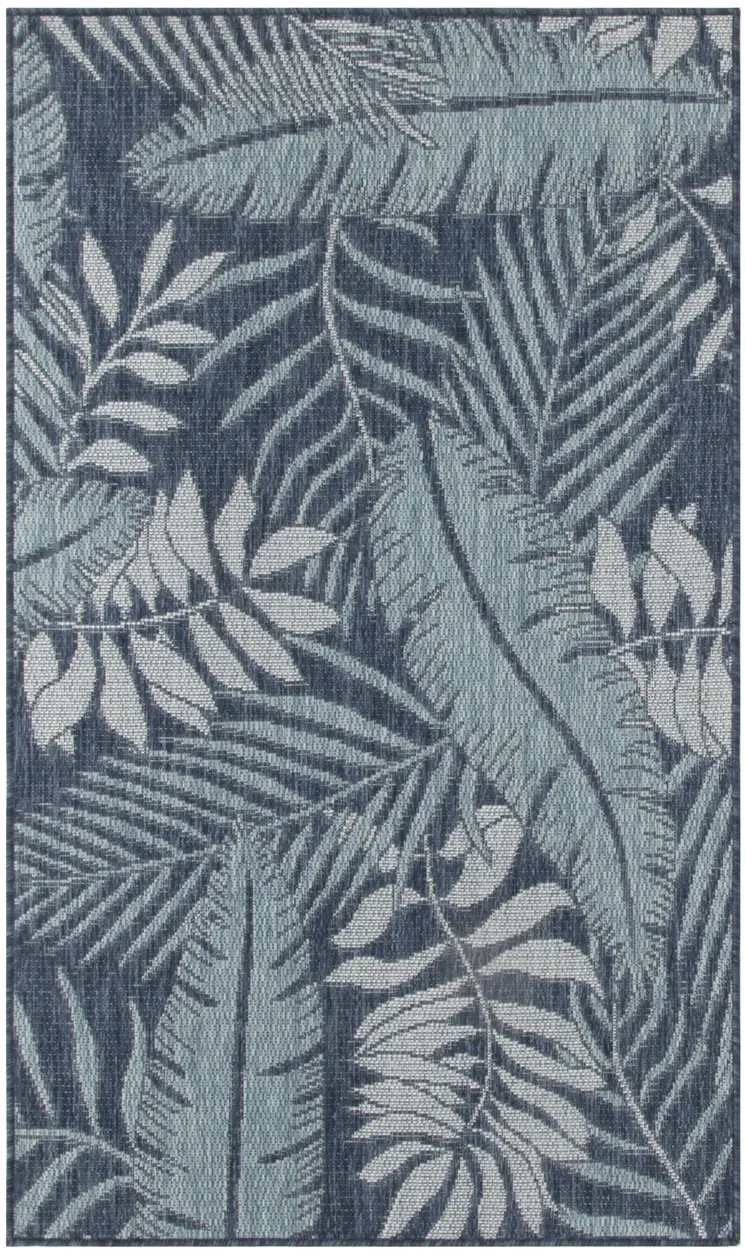 2' X 3' Navy Blue Sky Blue And Ivory Palm Leaf Indoor Outdoor Area Rug