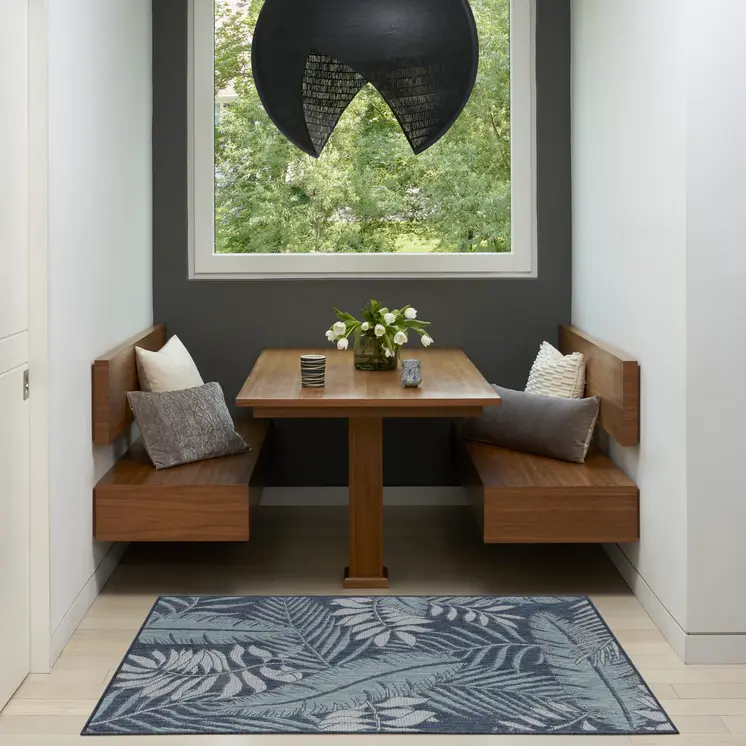 2' X 3' Navy Blue Sky Blue And Ivory Palm Leaf Indoor Outdoor Area Rug