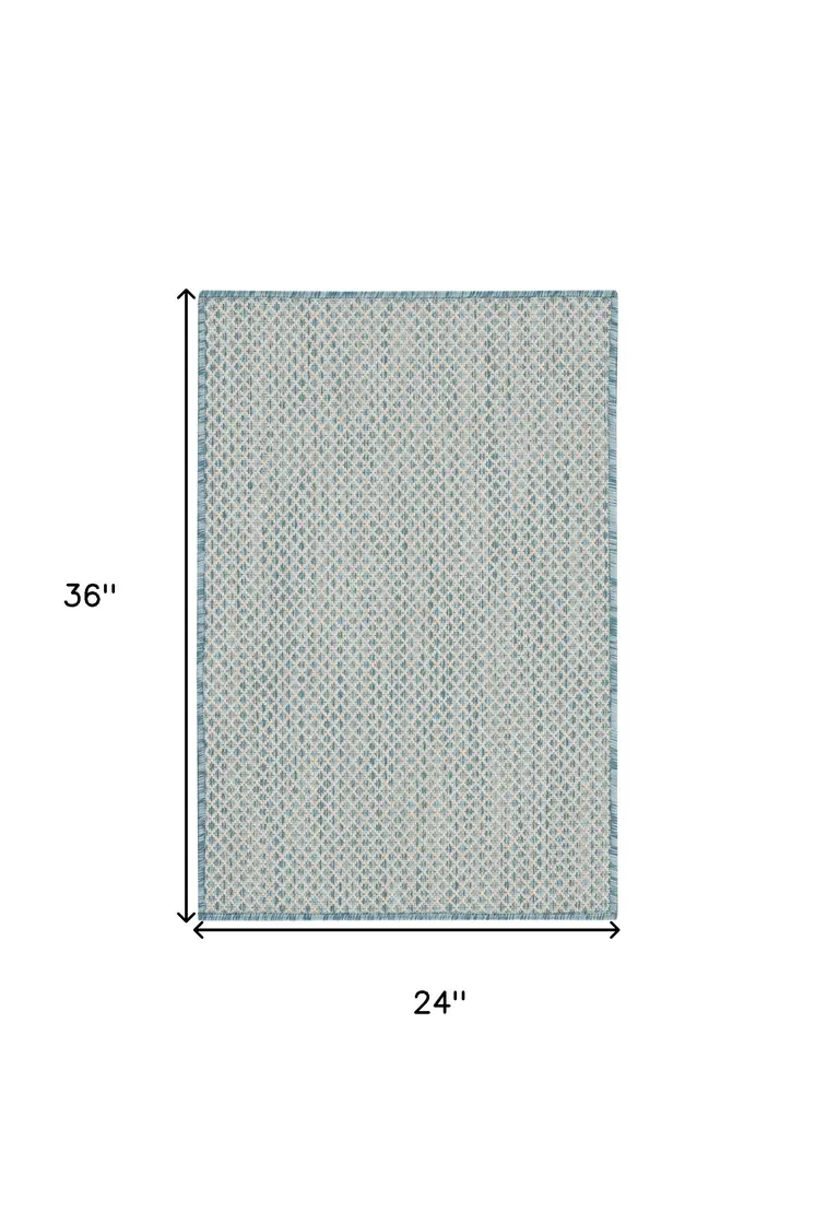 2' X 3' Aqua And Ivory Geometric Indoor Outdoor Area Rug