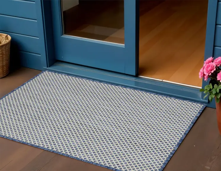 2' X 3' Ivory And Blue Geometric Indoor Outdoor Area Rug