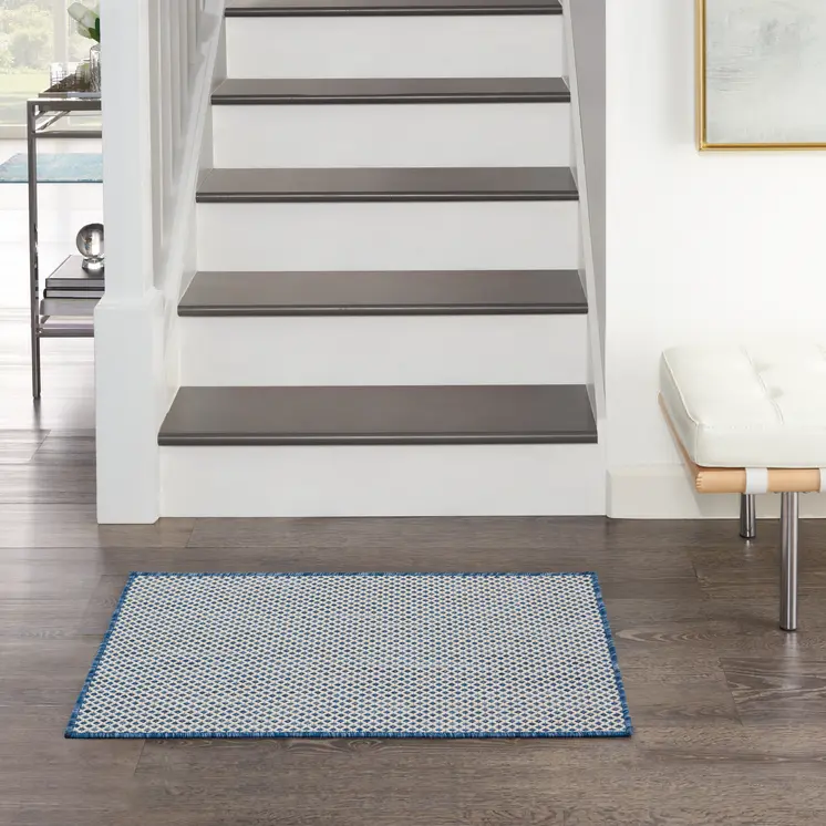 2' X 3' Ivory And Blue Geometric Indoor Outdoor Area Rug