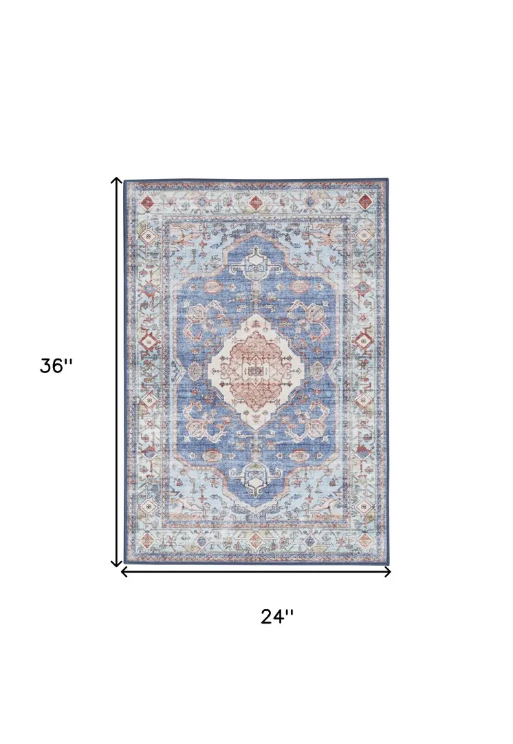 2' X 3' Ivory Red and Blue Oriental Distressed Non Skid Area Rug