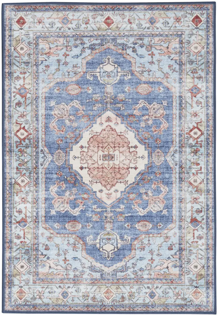 2' X 3' Ivory Red and Blue Oriental Distressed Non Skid Area Rug