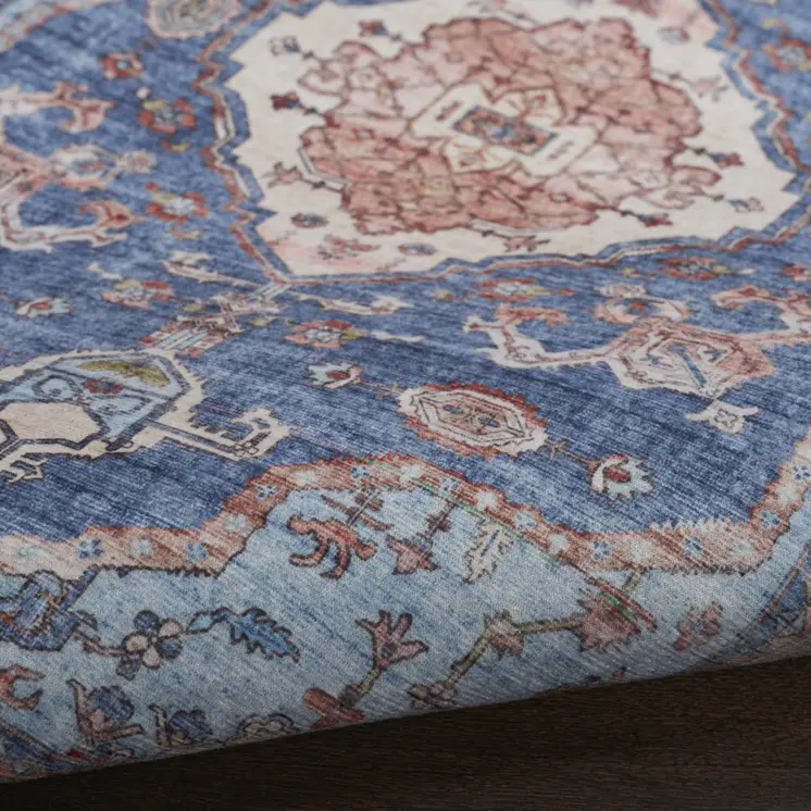 2' X 3' Ivory Red and Blue Oriental Distressed Non Skid Area Rug