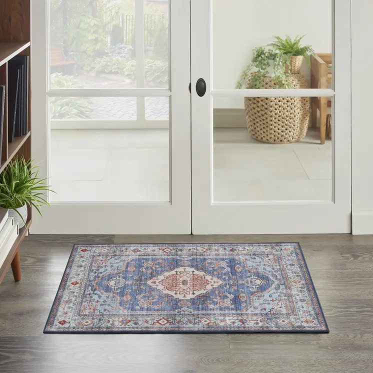 2' X 3' Ivory Red and Blue Oriental Distressed Non Skid Area Rug