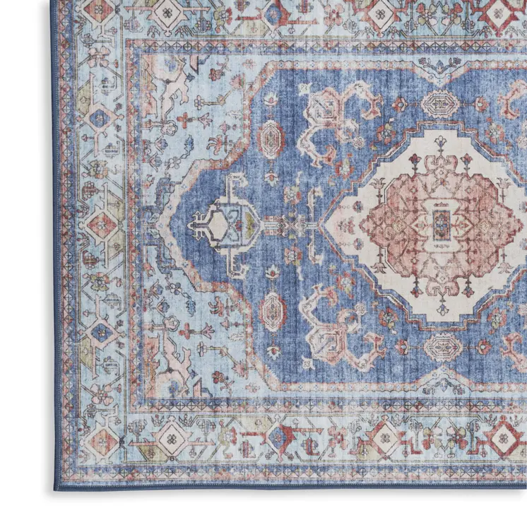 2' X 3' Ivory Red and Blue Oriental Distressed Non Skid Area Rug