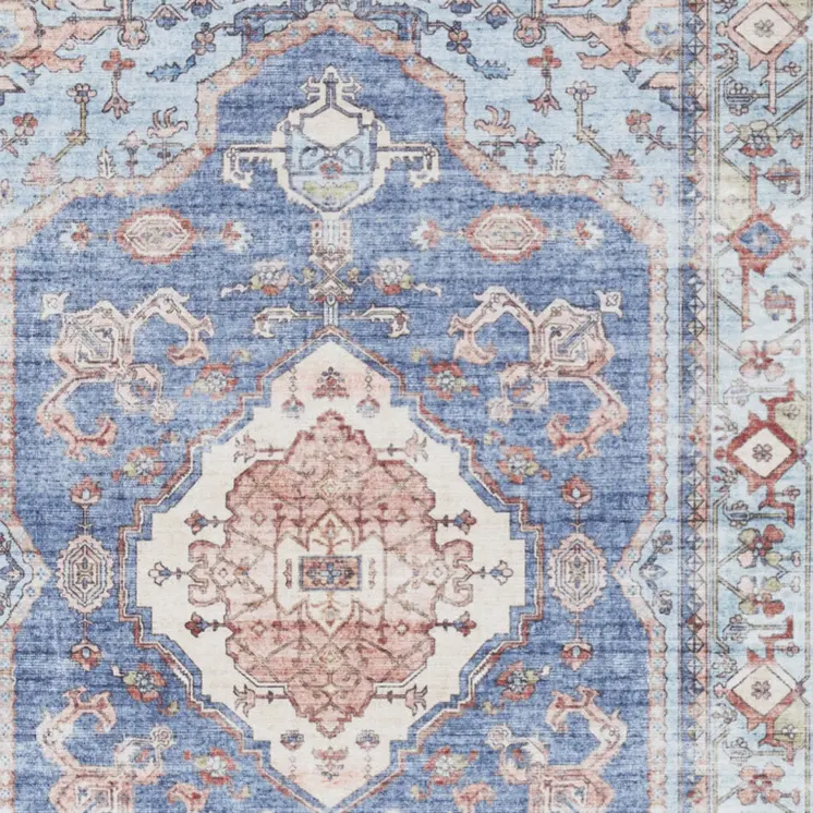 2' X 3' Ivory Red and Blue Oriental Distressed Non Skid Area Rug