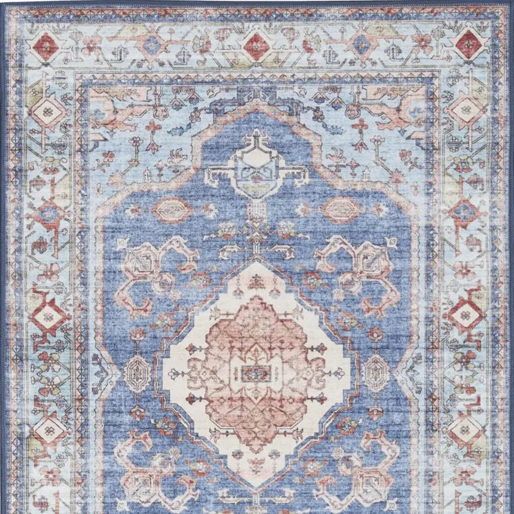 2' X 3' Ivory Red and Blue Oriental Distressed Non Skid Area Rug