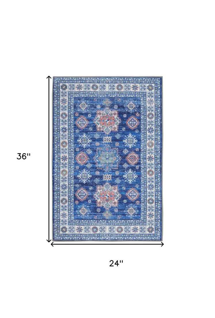 2' X 3' Ivory and Blue Oriental Distressed Non Skid Area Rug