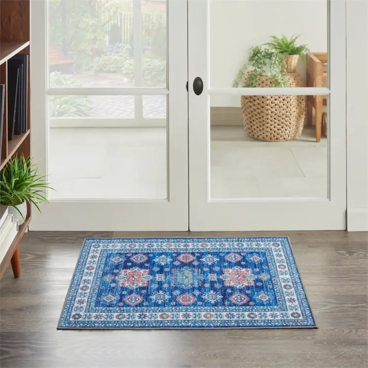 2' X 3' Ivory and Blue Oriental Distressed Non Skid Area Rug