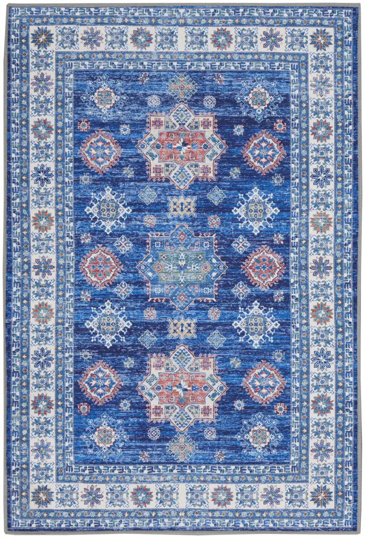 2' X 3' Ivory and Blue Oriental Distressed Non Skid Area Rug
