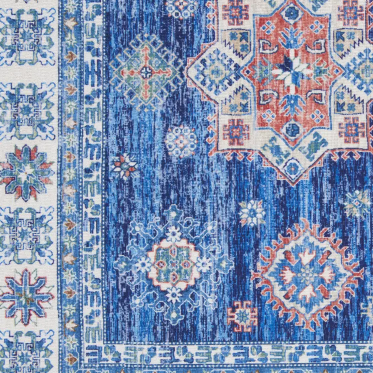 2' X 3' Ivory and Blue Oriental Distressed Non Skid Area Rug