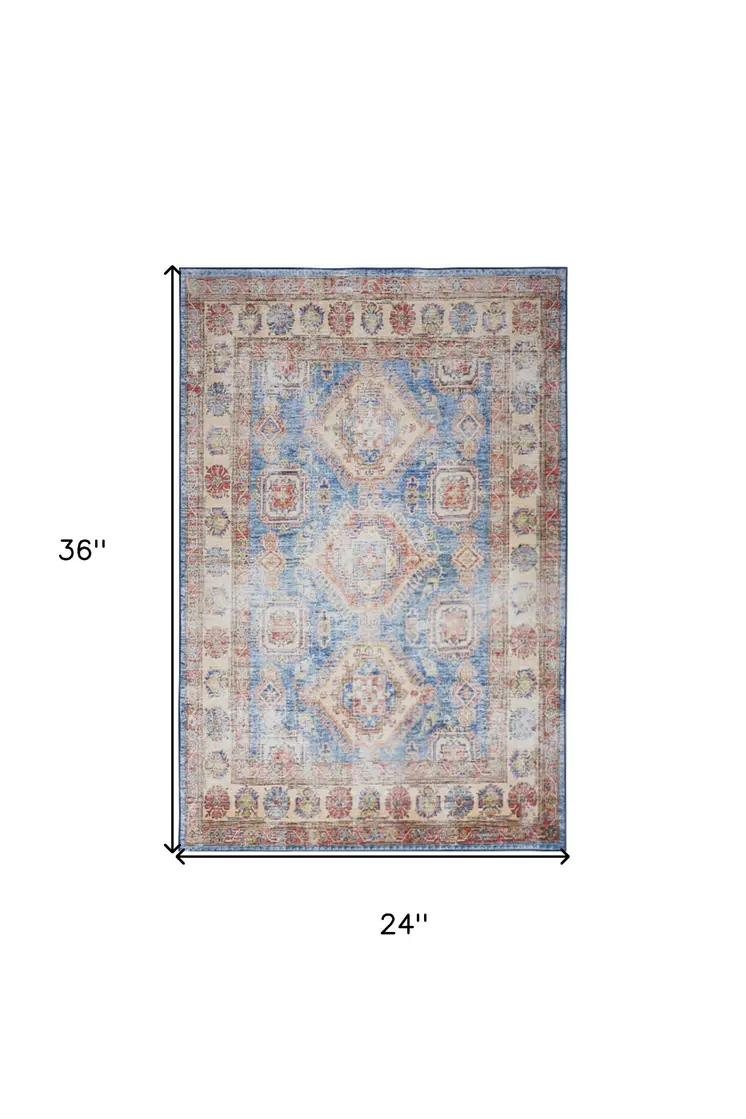 2' X 3' Ivory Red and Blue Oriental Distressed Non Skid Area Rug