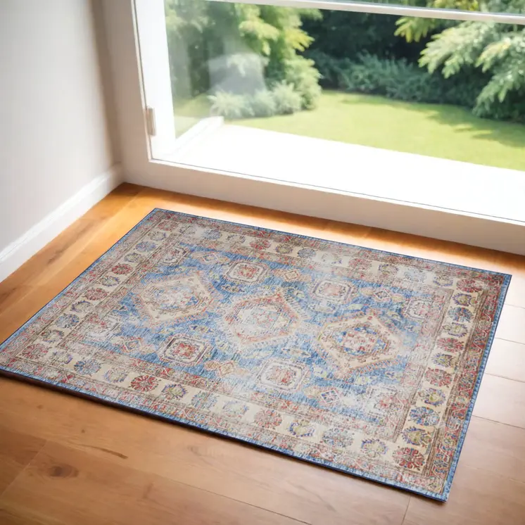 2' X 3' Ivory Red and Blue Oriental Distressed Non Skid Area Rug