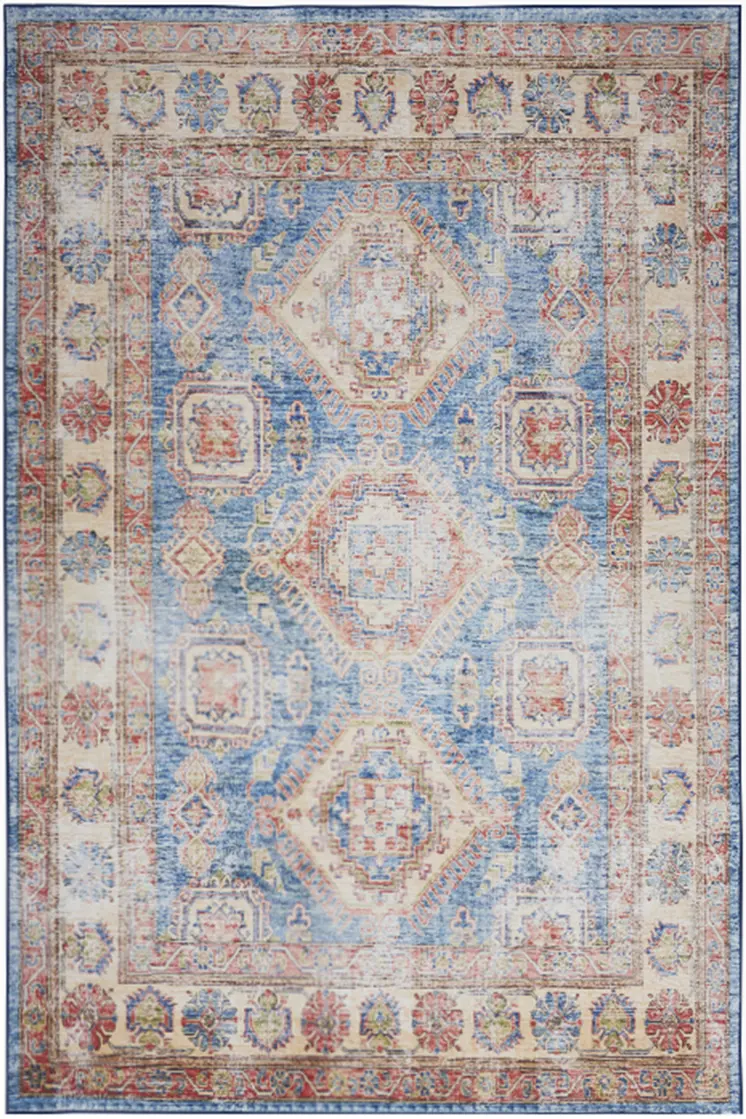 2' X 3' Ivory Red and Blue Oriental Distressed Non Skid Area Rug