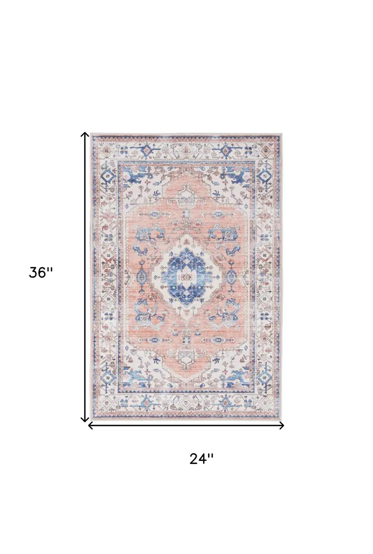 2' X 3' Ivory Blue and Coral Oriental Distressed Non Skid Area Rug