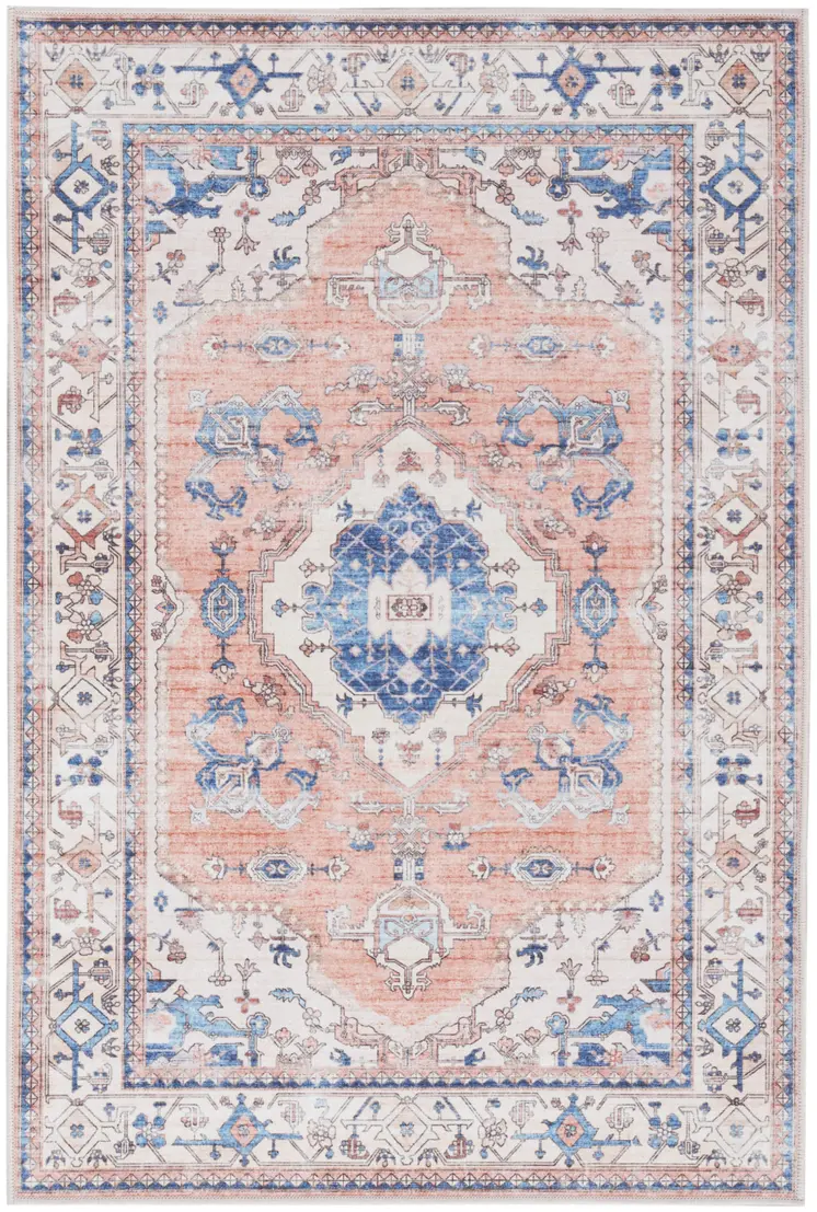 2' X 3' Ivory Blue and Coral Oriental Distressed Non Skid Area Rug